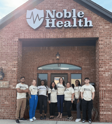 A collage of Noble Health doctors interacting with patients in their homes.